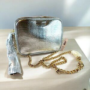 NEW Victoria's Secret Shoulder Bag Purse Shinny Silver with Gold Chain Zipper